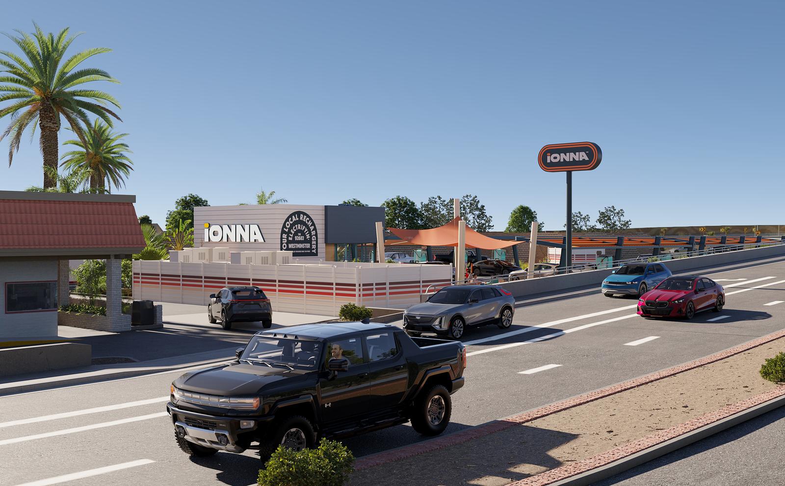 Rendering of the Beacon Rechargery seen from the street, with its IONNA sign and cars arriving