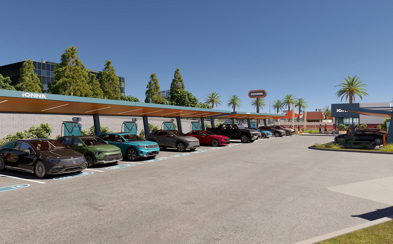 Rendering of a row of cars charging under the Beacon’s canopy