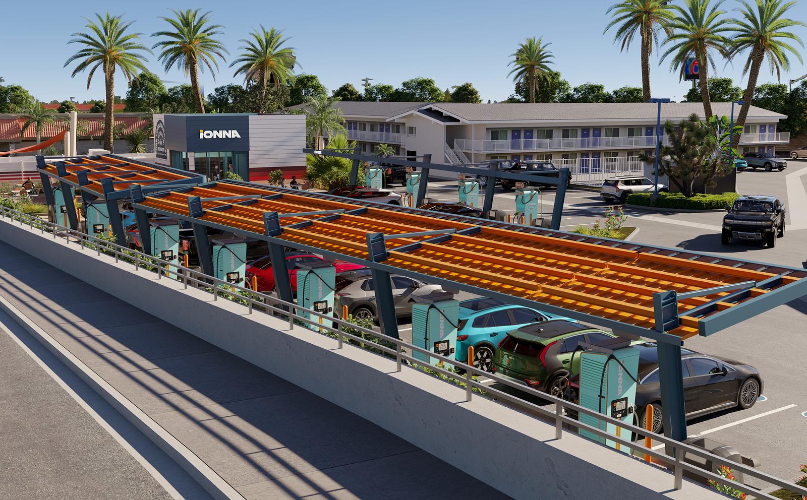 Rendering of the Beacon from above, its charging bays under orange-slatted canopies