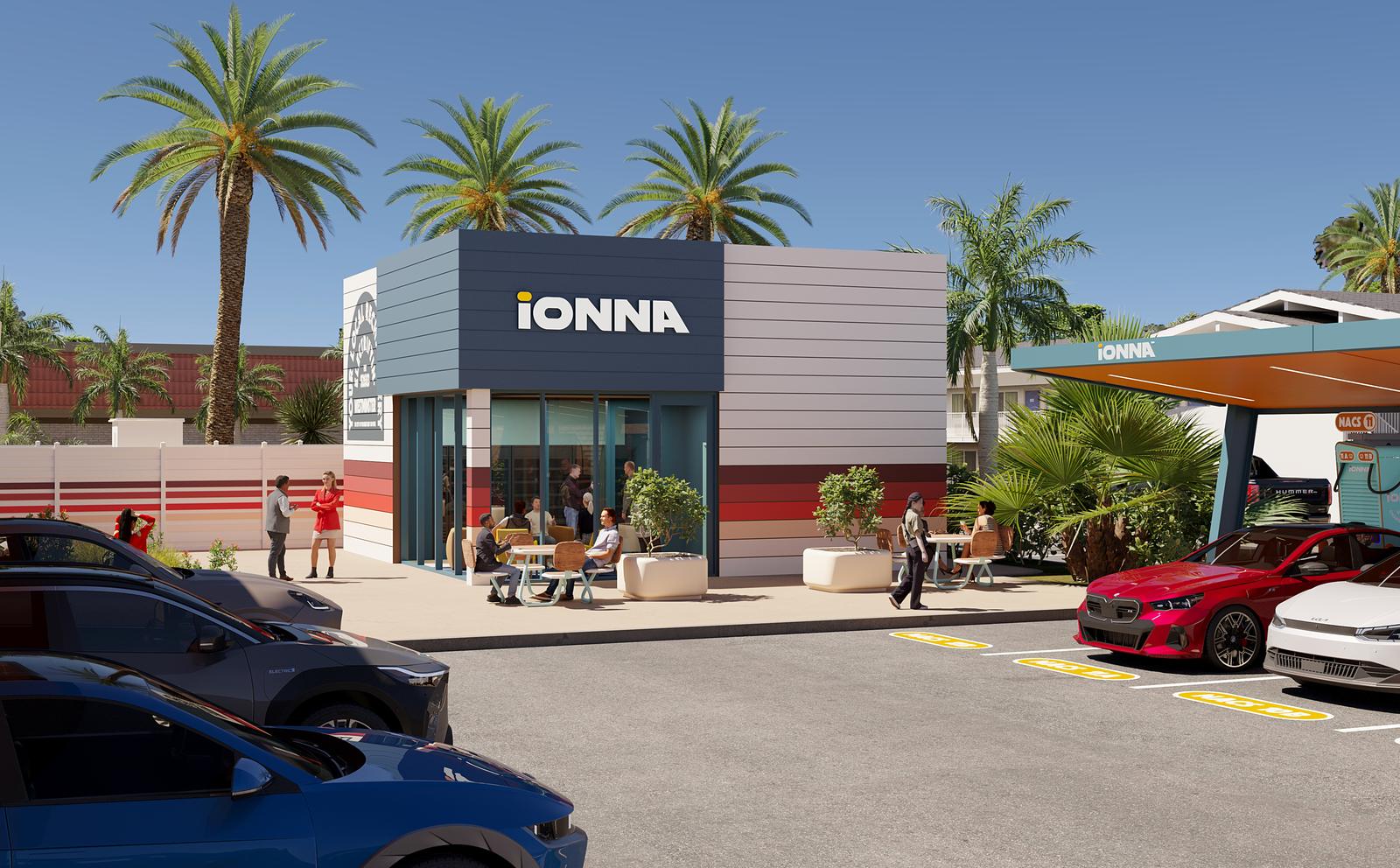Rendering of the Beacon Rechargery in Westminster, California, with its lounge, patio seating and charging canopy