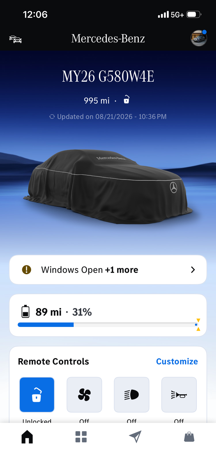 Mercedes-Benz app home screen, with the Charging Dashboard further