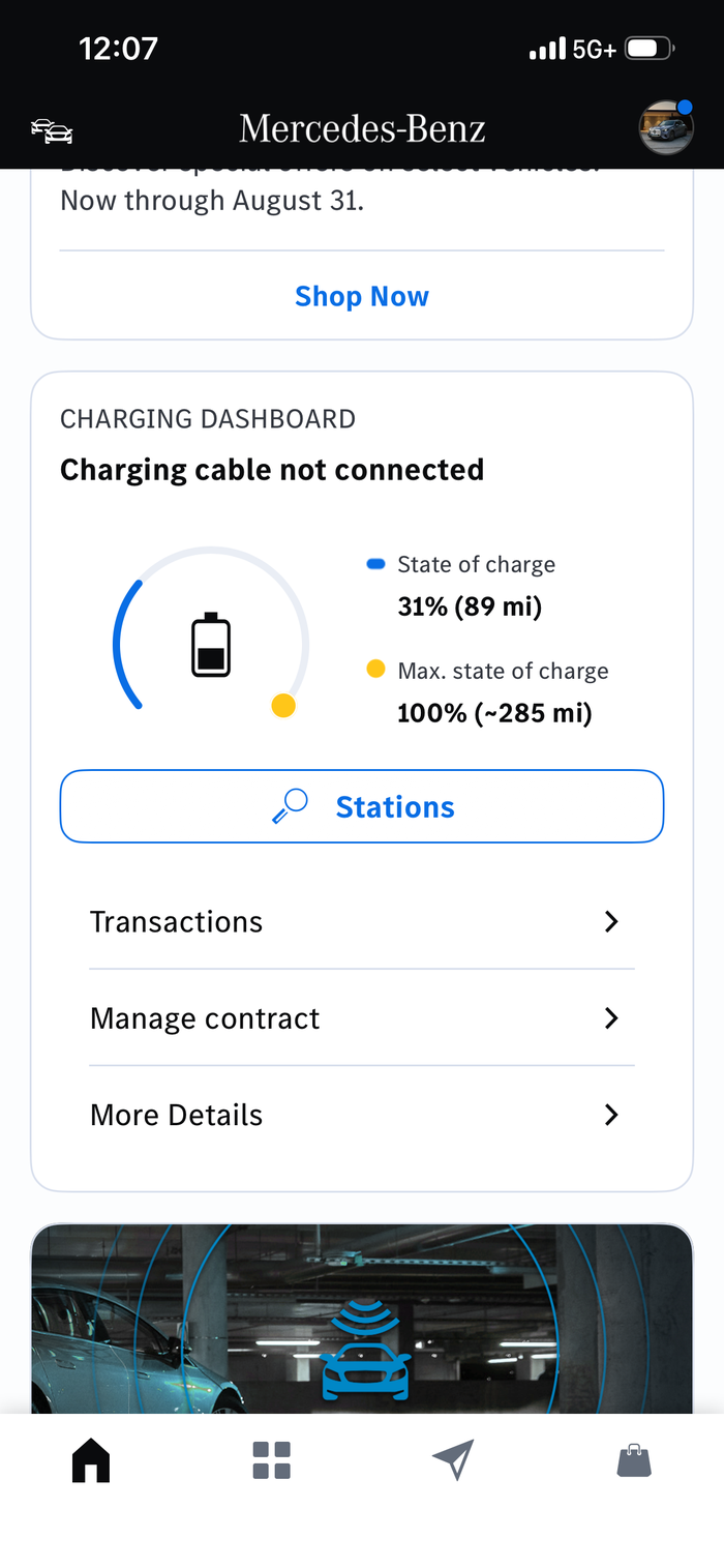 Charging Dashboard showing a Stations search button, which means the account is active
