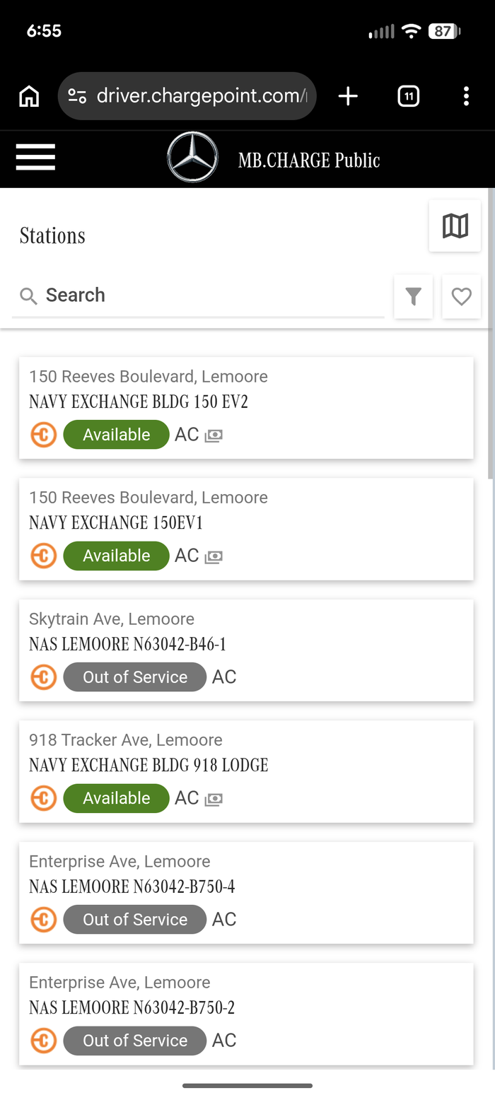 ChargePoint Stations list with the menu icon in the top left corner