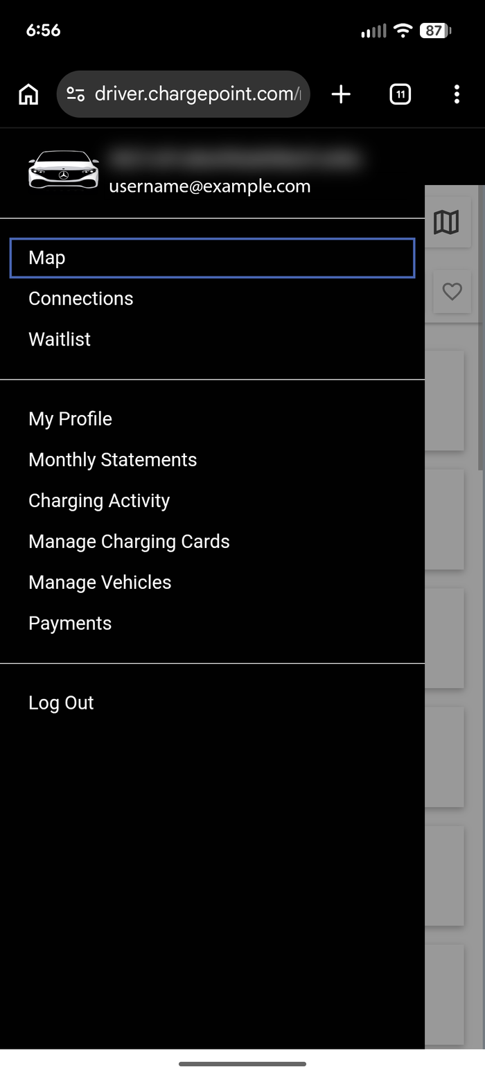 ChargePoint account menu open, with Payments in the list
