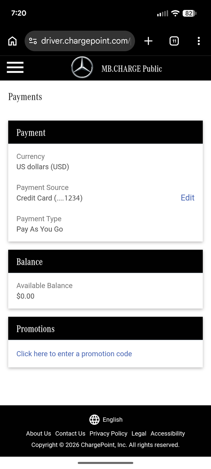 ChargePoint Payments screen with an Edit link beside the payment source